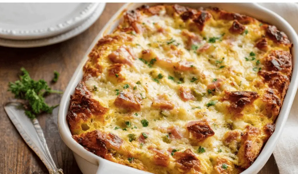 Overnight Ham and Swiss Cheese Strata in white casserole dish