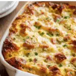 Overnight Ham and Swiss Cheese Strata in white casserole dish