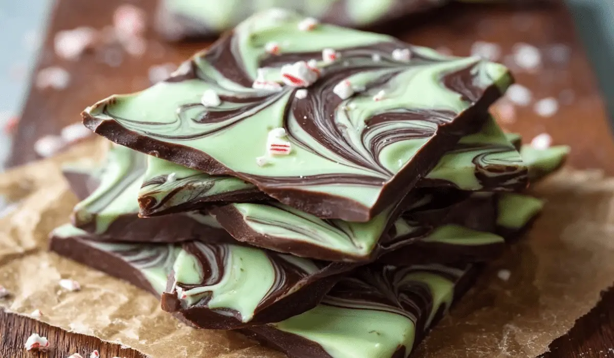 Mint Chocolate Swirl Bark with marbled chocolate and crushed peppermint