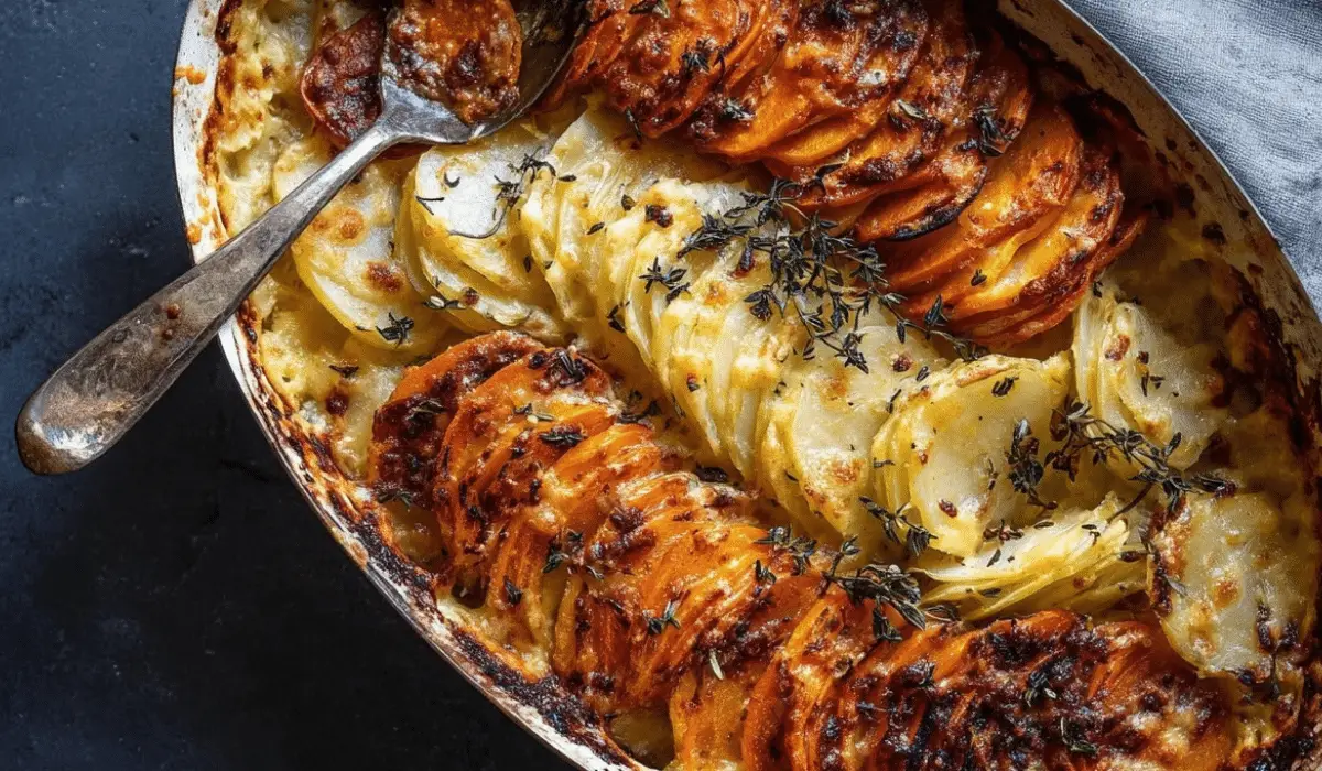 Cheesy Root Vegetable Gratin freshly baked