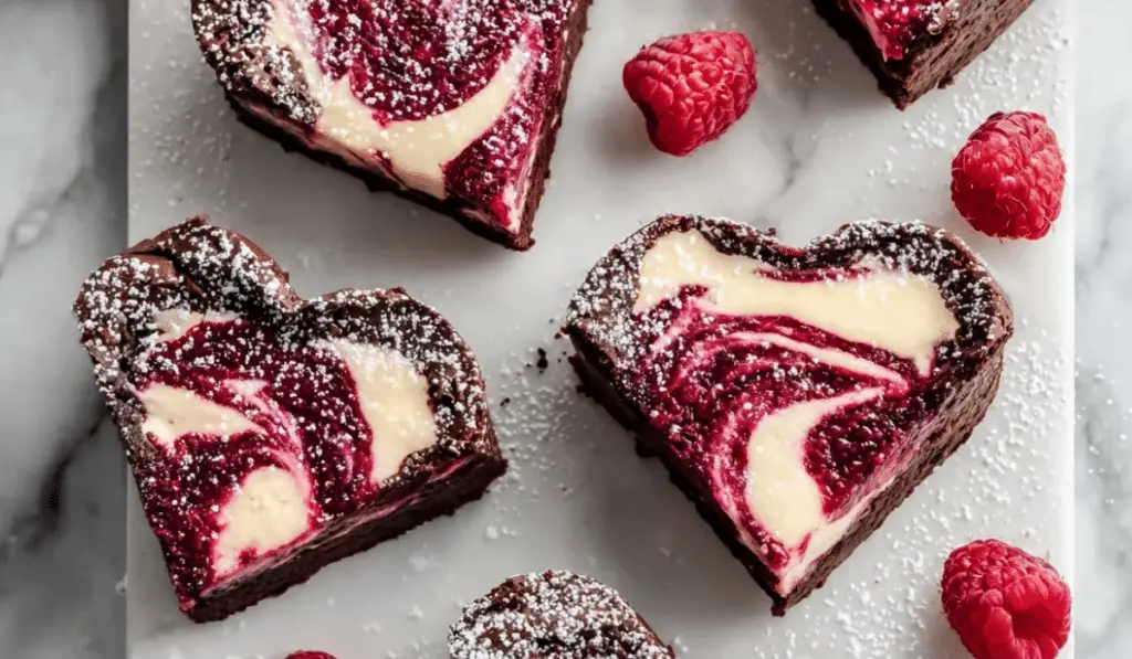 Heart Shaped Brownies with Raspberry Swirl and Cheesecake Topping
