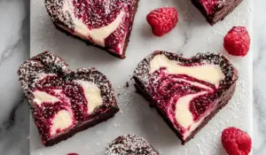 Heart Shaped Brownies with Raspberry Swirl and Cheesecake Topping