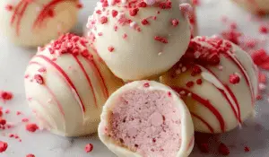 Strawberry Shortcake Truffles on white marble