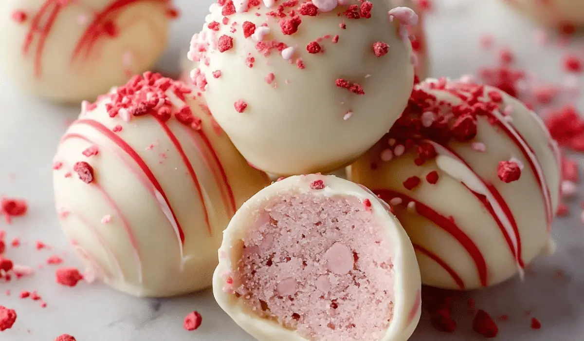 Strawberry Shortcake Truffles on white marble
