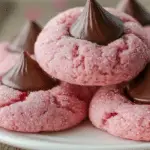 strawberry kiss cookies stacked with chocolate center