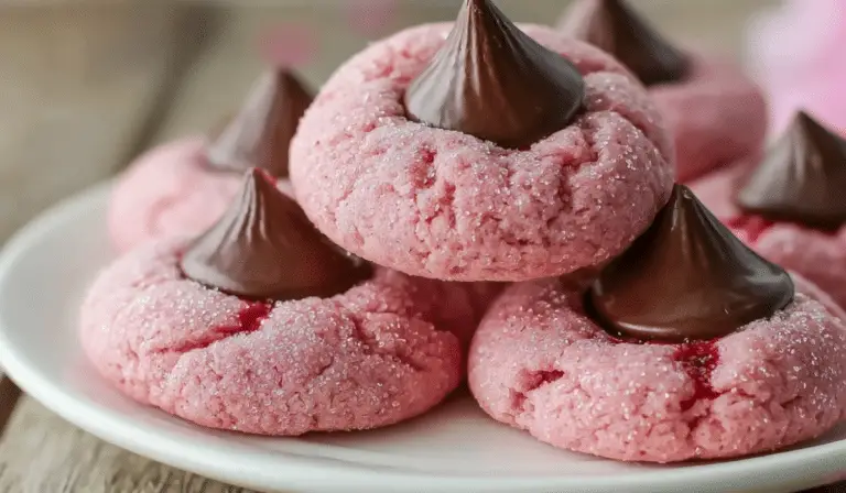strawberry kiss cookies stacked with chocolate center