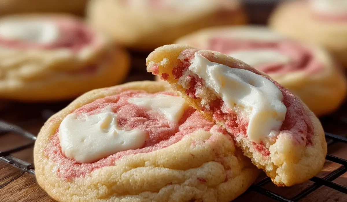 Strawberry Cheesecake Cookies freshly baked on cooling rack