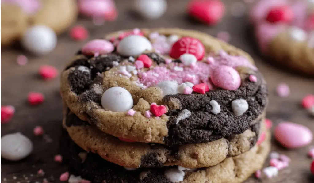 Valentine’s Day Oreo M&Ms Cookies stacked on a rustic table