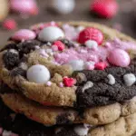 Valentine’s Day Oreo M&Ms Cookies stacked on a rustic table