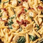 Close-up of creamy Tuscan chicken pasta with spinach and sun-dried tomatoes on a wooden table.
