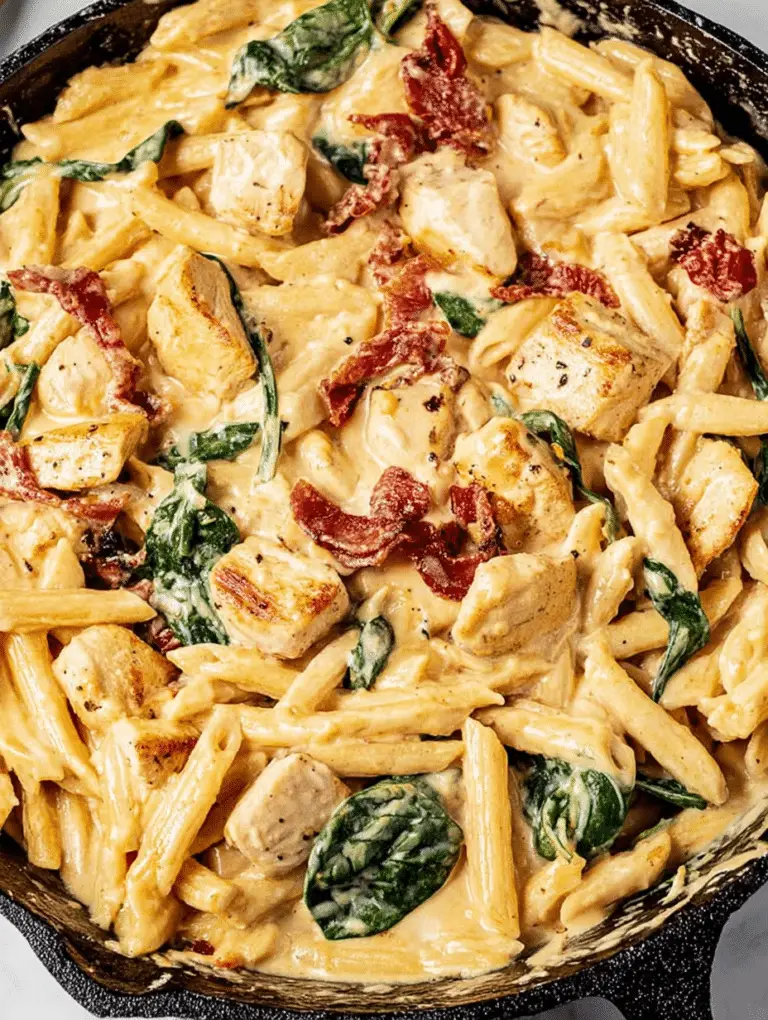 Close-up of creamy Tuscan chicken pasta with spinach and sun-dried tomatoes on a wooden table.