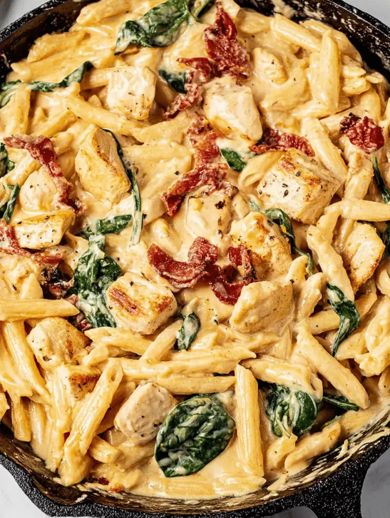 Close-up of creamy Tuscan chicken pasta with spinach and sun-dried tomatoes on a wooden table.