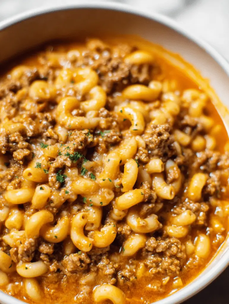 Bowl of homemade hamburger helper featuring macaroni and ground beef in a cheesy sauce.