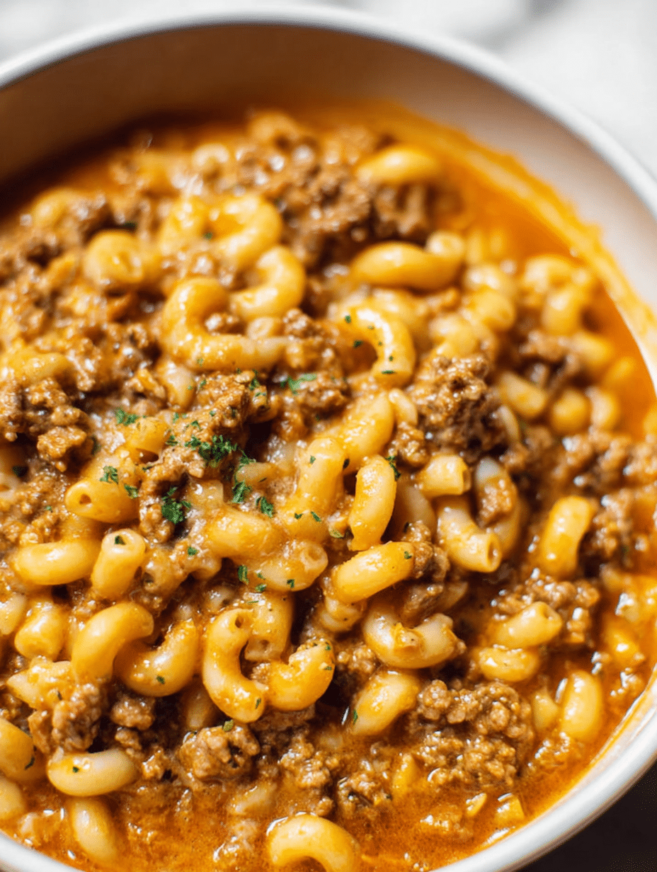 Bowl of homemade hamburger helper featuring macaroni and ground beef in a cheesy sauce.