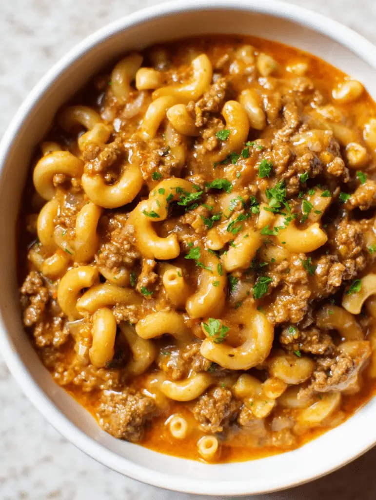 Homemade Hamburger Helper served in a rustic bowl, garnished with fresh herbs.