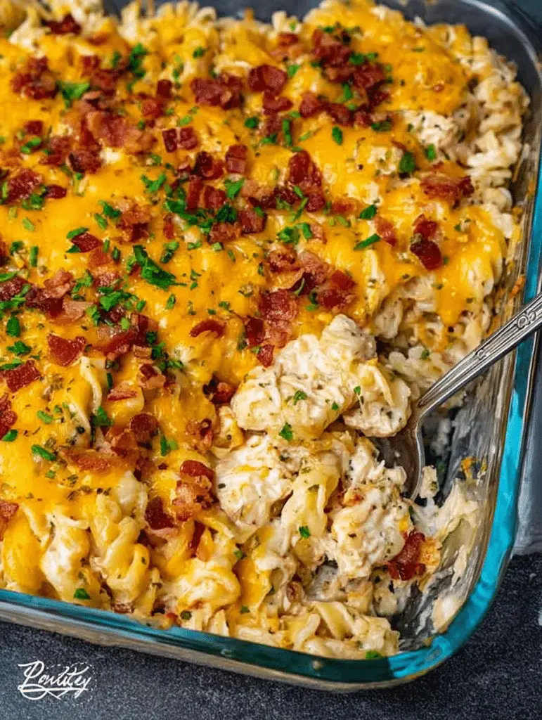 Delicious Crack Chicken Pasta Bake topped with melted cheese and parsley, served in a baking dish