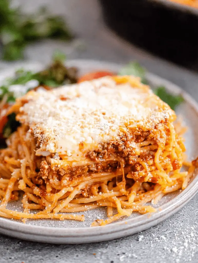 Delicious serving of Million Dollar Spaghetti casserole with layers of cheese and meat sauce.