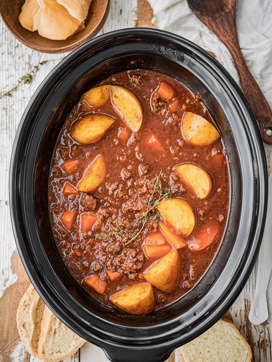A hearty bowl of Poor Man's Stew with ground beef, potatoes, and carrots, served with buttered bread.