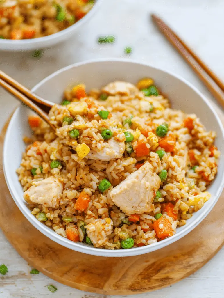 A colorful bowl of Better-Than-Takeout Chicken Fried Rice with green onions and chopsticks, showcasing the delicious ingredients.