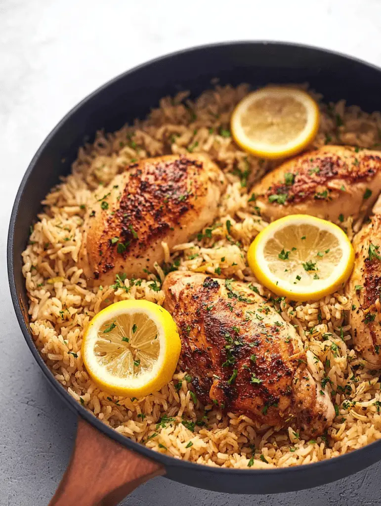 Plated one pot lemon herb chicken and rice with fresh parsley and lemon wedges on a wooden table.