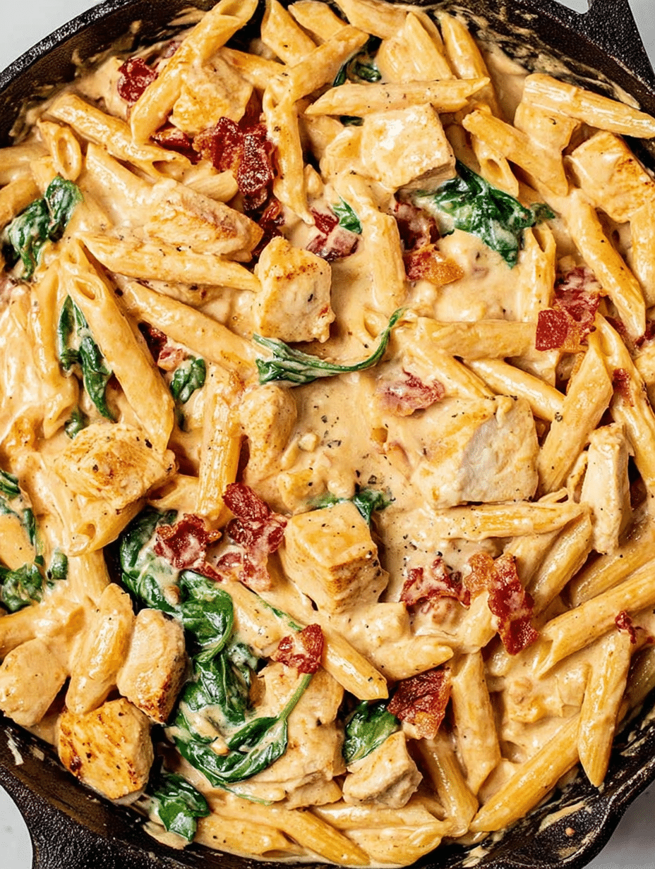Close-up of creamy Tuscan chicken pasta with spinach and sun-dried tomatoes on a wooden table.