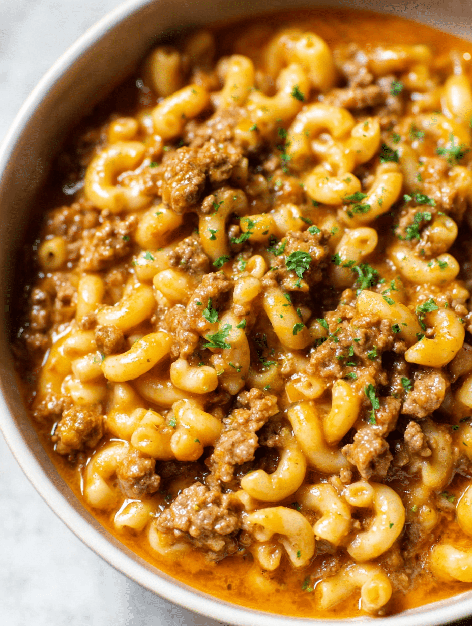 Homemade Hamburger Helper served in a rustic bowl, garnished with fresh herbs.