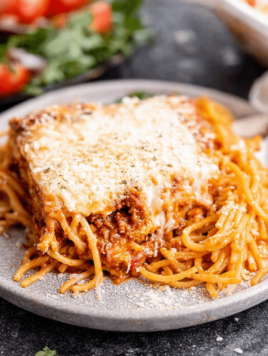 Delicious serving of Million Dollar Spaghetti casserole with layers of cheese and meat sauce.