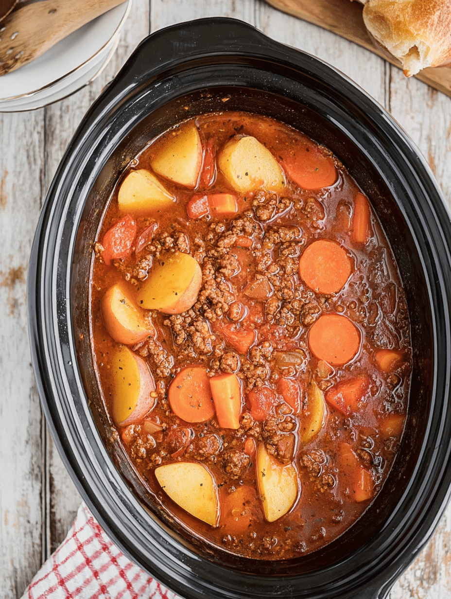 A hearty bowl of Poor Man's Stew with ground beef, potatoes, and carrots, served with buttered bread.