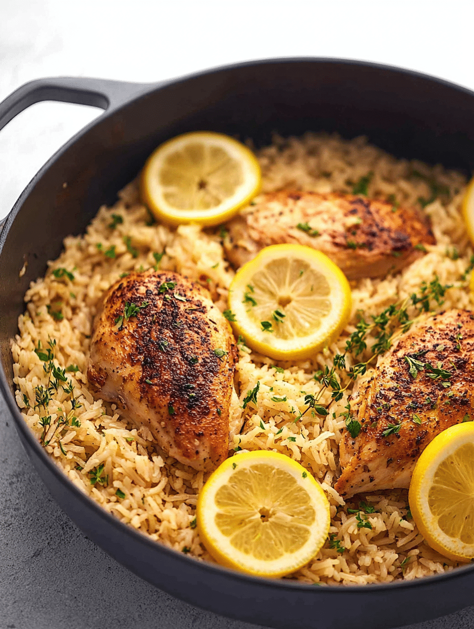 Plated one pot lemon herb chicken and rice with fresh parsley and lemon wedges on a wooden table.