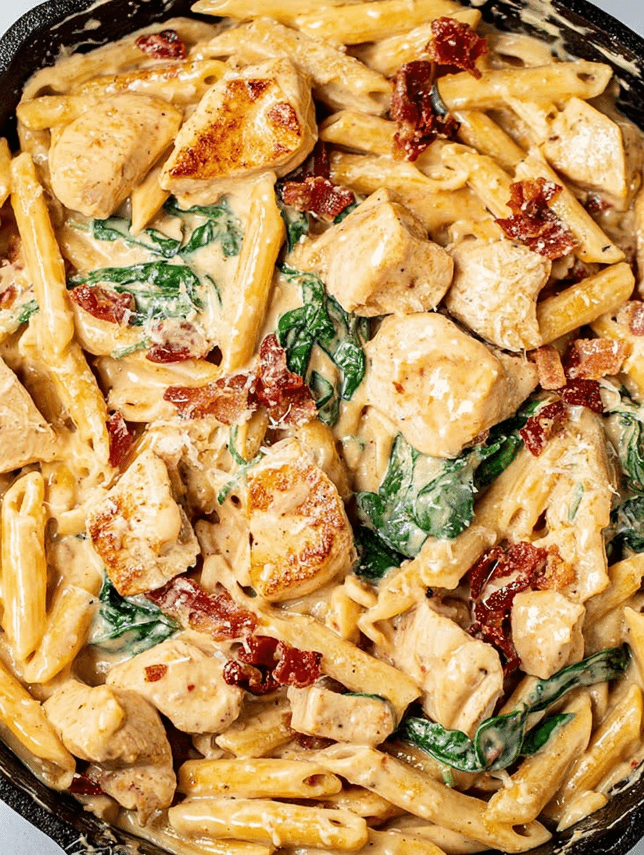 Bowl of creamy tuscan chicken pasta garnished with basil and parmesan on a wooden table