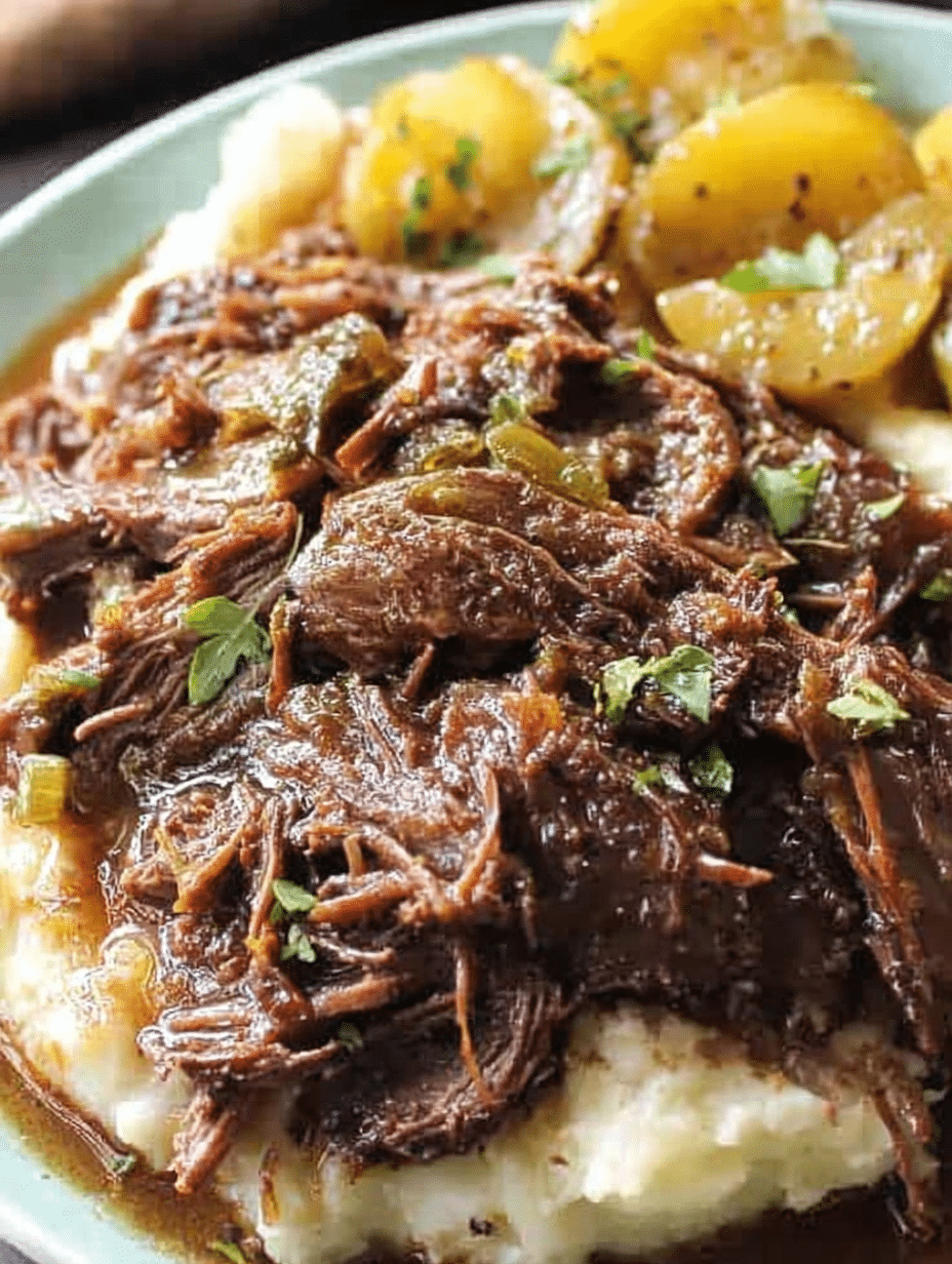 Plated Mississippi Pot Roast garnished with herbs and served with side dishes.