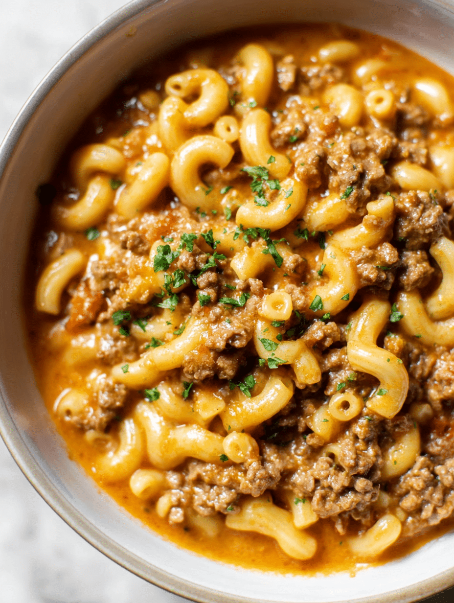 Delicious homemade hamburger helper served in a rustic bowl topped with melted cheese and garnished with parsley.