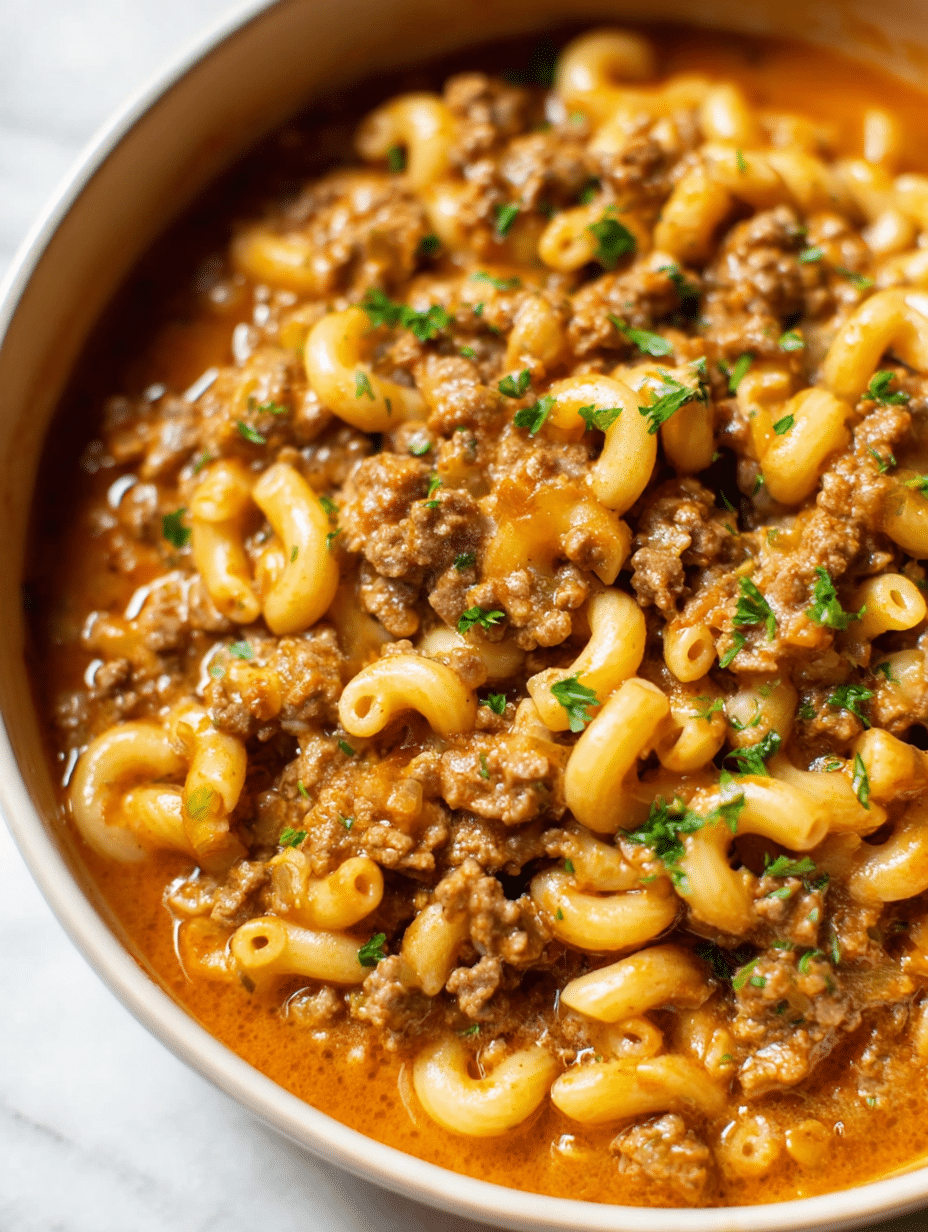 Bowl of homemade hamburger helper with cheesy sauce and macaroni topped with parsley.