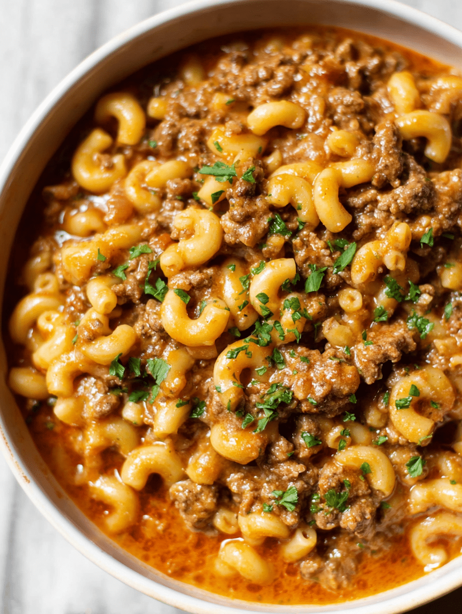 Bowl of homemade hamburger helper featuring macaroni and ground beef in a cheesy sauce.