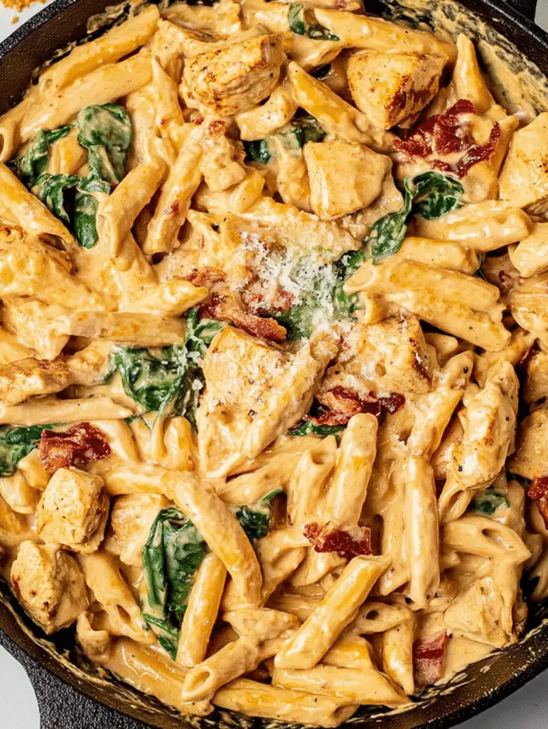 Bowl of creamy tuscan chicken pasta garnished with basil and parmesan on a wooden table