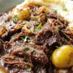 Plated Mississippi Pot Roast garnished with herbs and served with side dishes.
