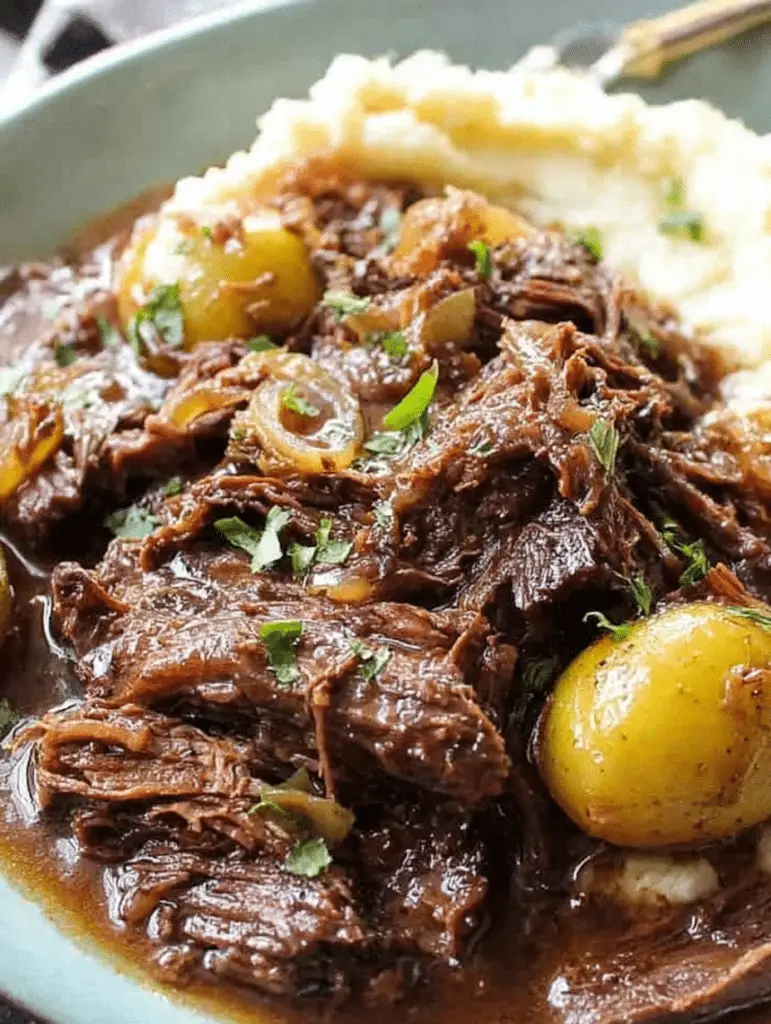 Plated Mississippi Pot Roast garnished with herbs and served with side dishes.