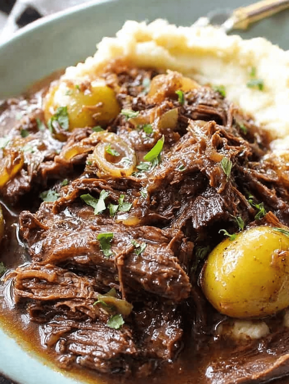 Plated Mississippi Pot Roast garnished with herbs and served with side dishes.
