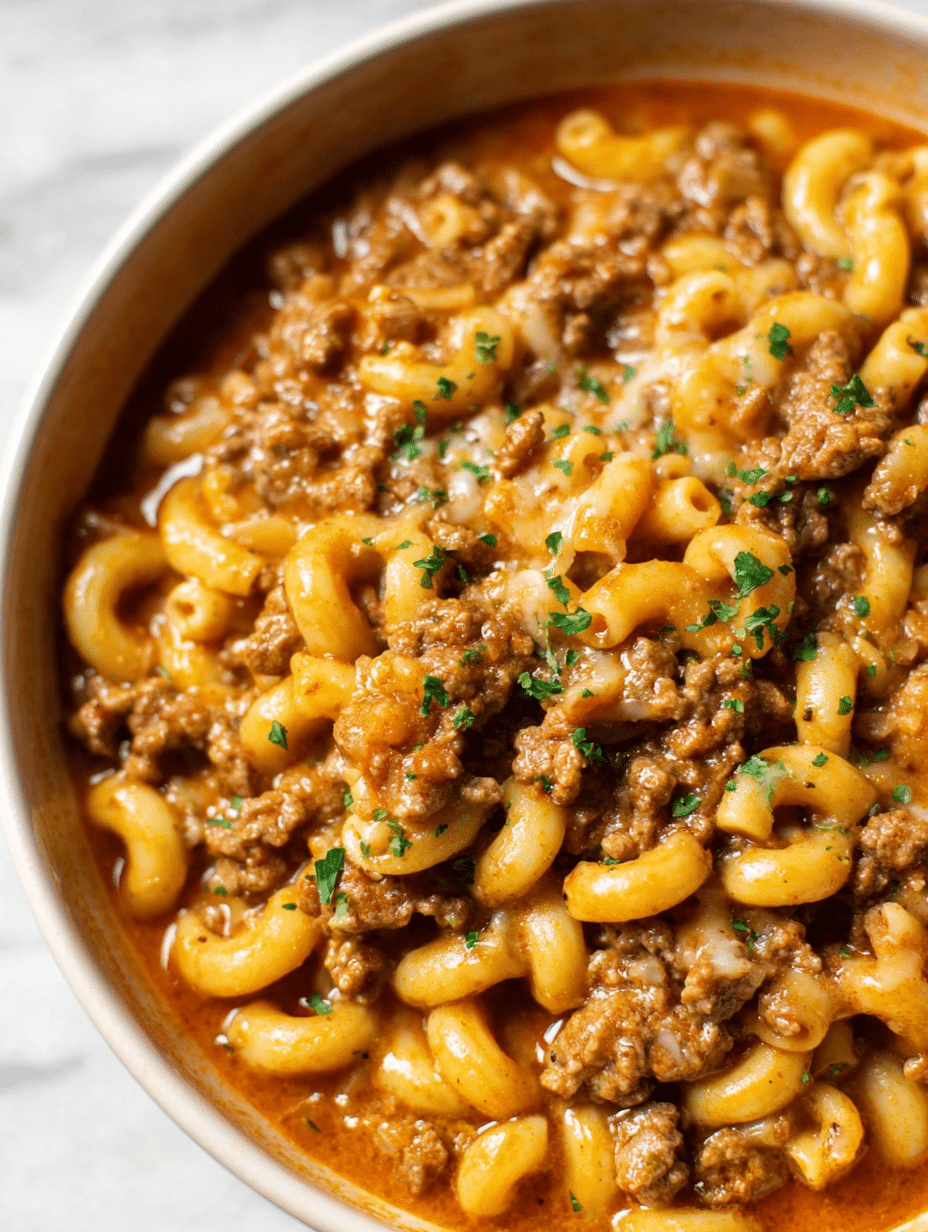 Delicious homemade hamburger helper served in a rustic bowl topped with melted cheese and garnished with parsley.