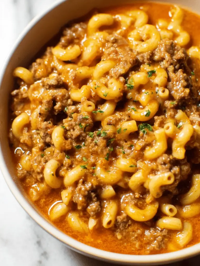 Bowl of homemade hamburger helper with cheesy sauce and macaroni topped with parsley.