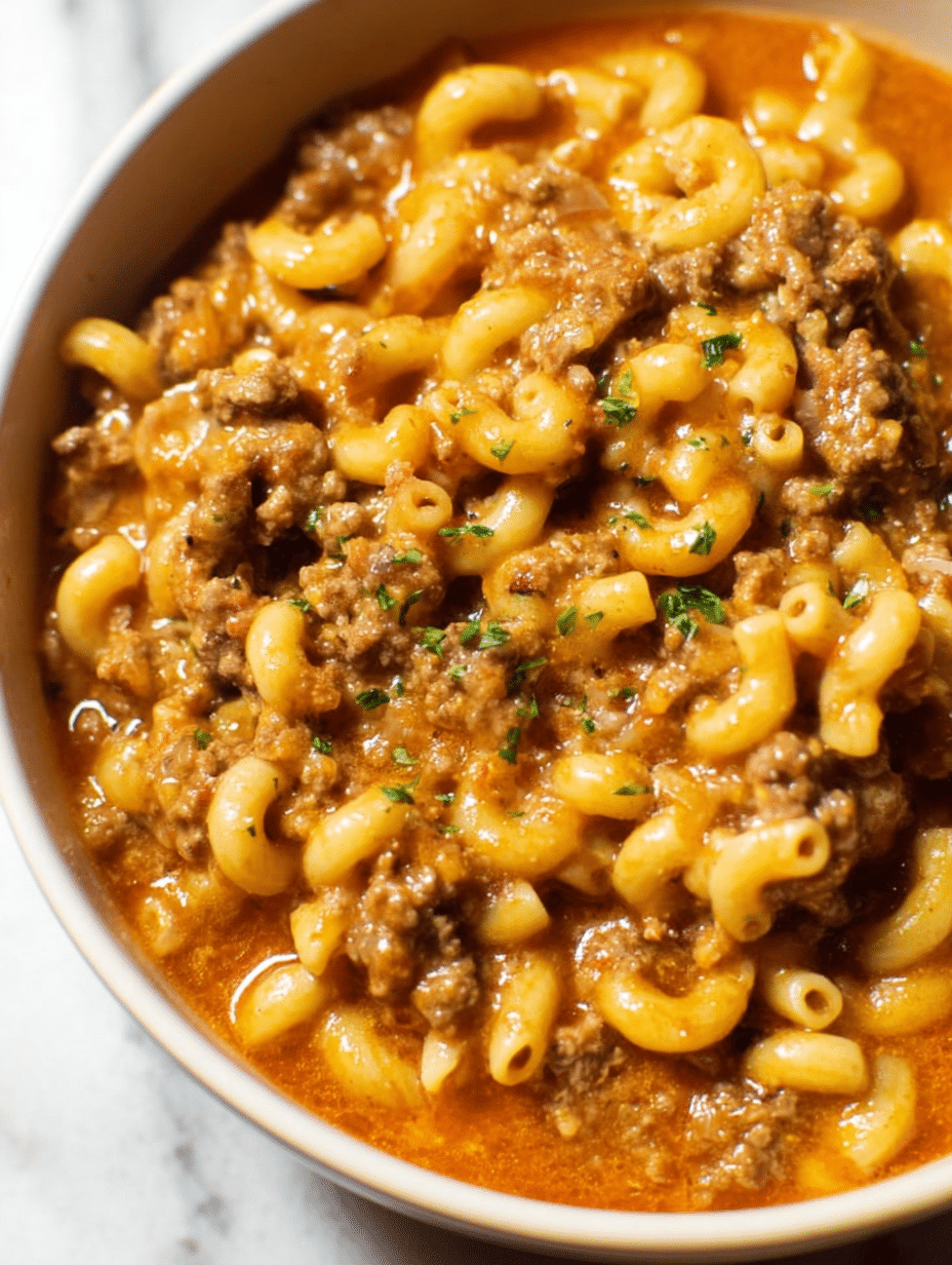 Bowl of homemade hamburger helper with cheesy sauce and macaroni topped with parsley.