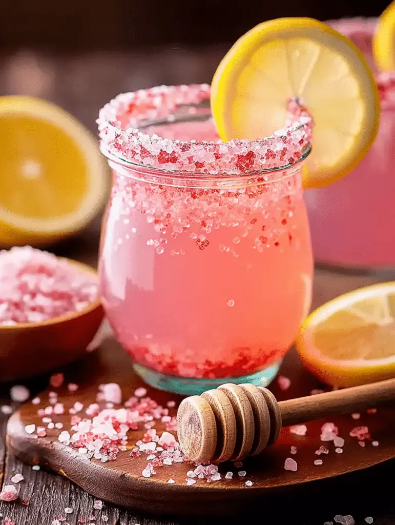 Refreshing pink salt weight loss drink with lemon garnish on a wooden table