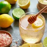 Refreshing Natural Mounjaro drink in a glass with lemon and ingredients on a wooden table.