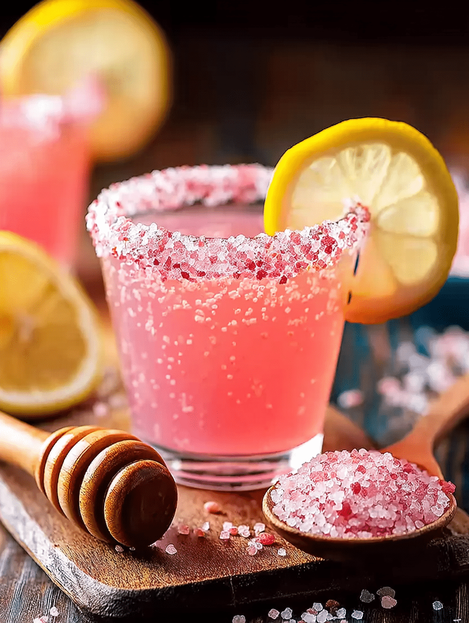Refreshing pink salt weight loss drink with lemon garnish on a wooden table