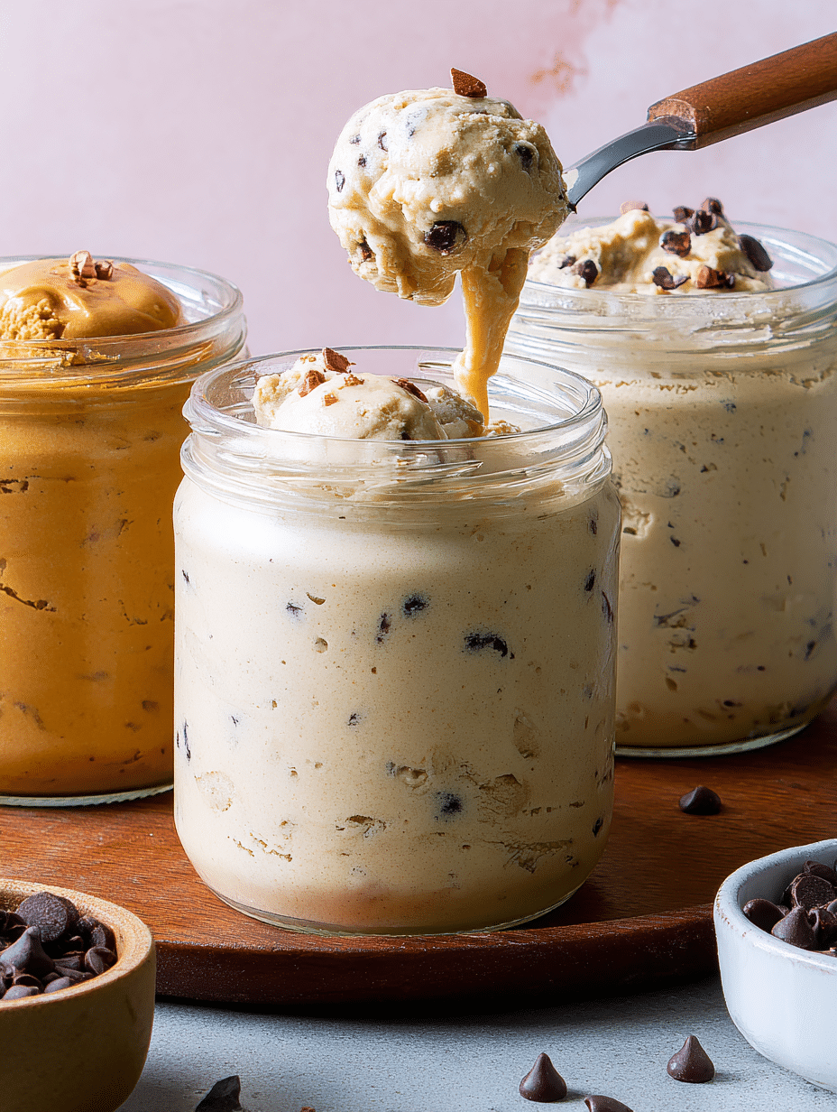 Creamy high protein cottage cheese ice cream topped with chocolate shavings and honey