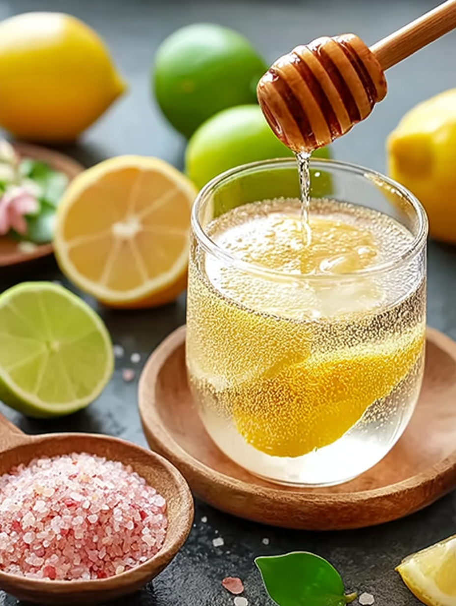 Refreshing Natural Mounjaro drink in a glass with lemon and ingredients on a wooden table.