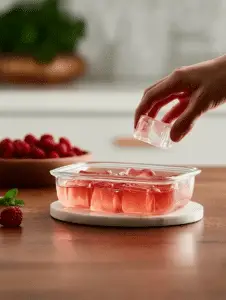Bowl of Mounjaro Jello with cranberries and mint on a wooden table