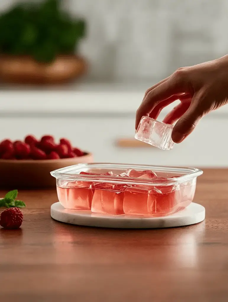 Bowl of Mounjaro Jello with cranberries and mint on a wooden table