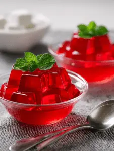 Bowl of gelatin snack with fresh fruits and mint leaves, showcasing a healthy weight loss recipe.