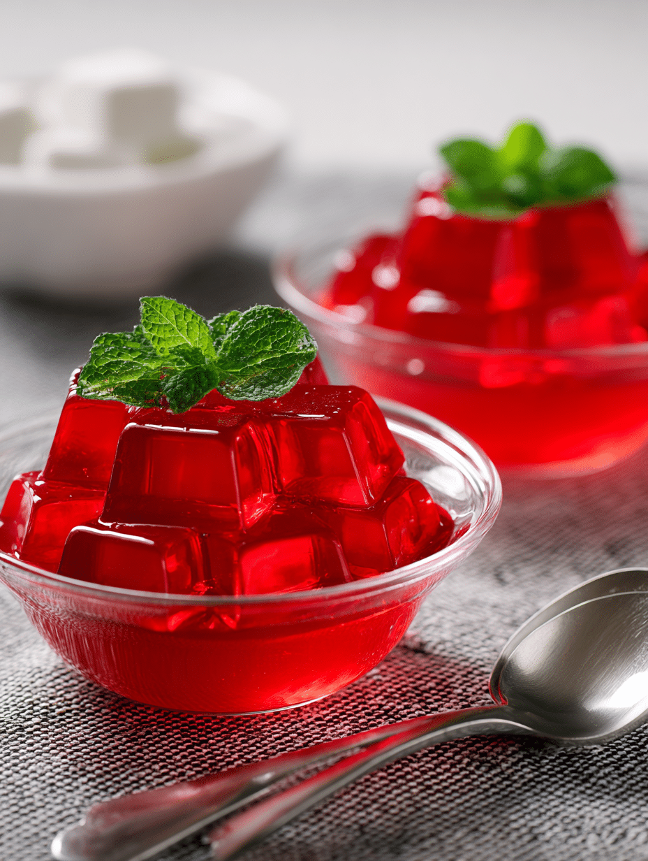 Bowl of gelatin snack with fresh fruits and mint leaves, showcasing a healthy weight loss recipe.